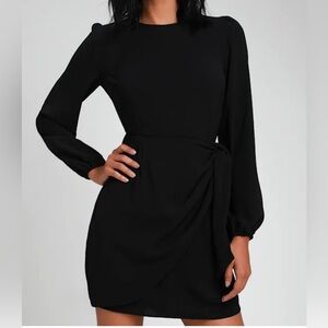 Lulus Believe It or Knot Black Long Sleeve Tie-Front Skater Dress
